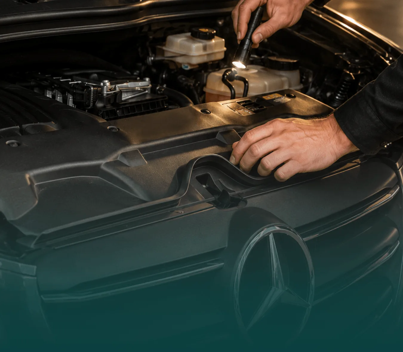Technieker controleert een Mercedes-Benz tijdens de gratis check bij MIERS Group